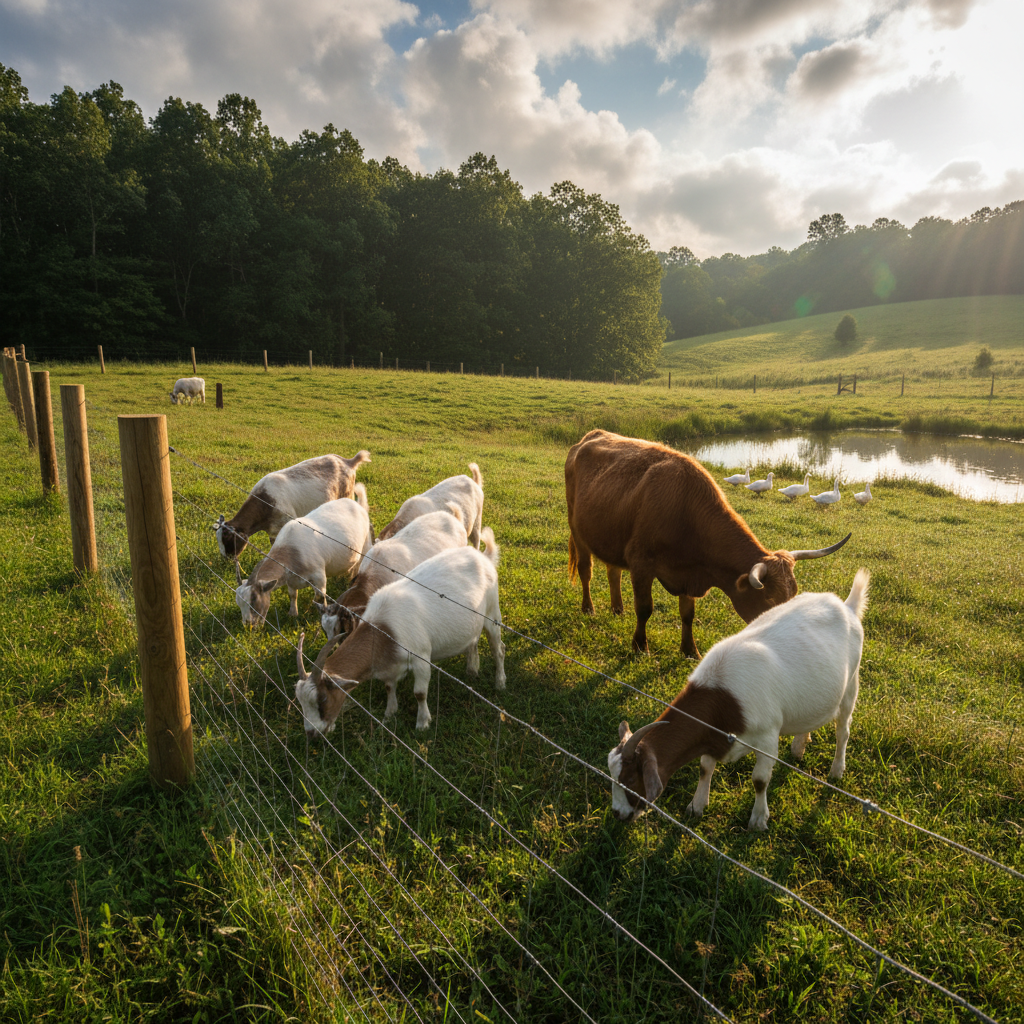A dynamic photographic image of a fenced homestead pasture with a small herd of mixed farm animals—plump dairy goats, a shaggy cow, and a few ducks near a natural pond—all grazing or exploring on lush, uneven grass. The fence is sturdy wood with wire mesh, leading the eye toward a tree line and rolling hills in the distance. Dramatic, partly cloudy sky overhead creates shafts of bright sunlight that spotlight patches of the pasture and animals, while other areas fall into softer shade. Captured from a low-angle perspective to make the animals and landscape feel bold and expansive, the composition uses leading lines of the fence and horizon to convey freedom, vitality, and the rich, natural life of the homestead.