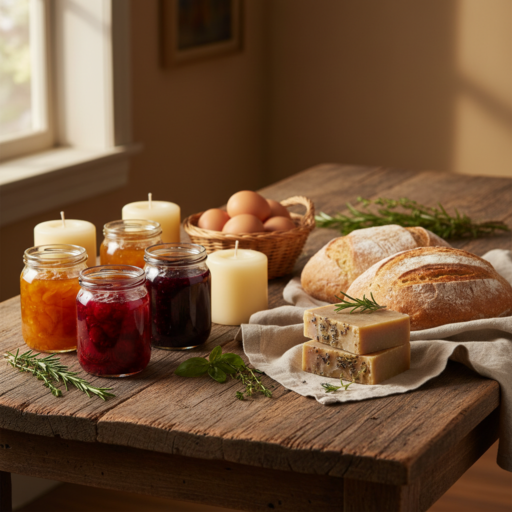 A close-up photographic shot of a rustic wooden farmhouse table covered with an array of homemade goods, including glass jars of jewel-toned jams, beeswax candles, hand-cut soaps, and loaves of crusty artisan bread on a linen cloth. The wood grain of the table is rich and textured, with a few scattered herb sprigs and a small wicker basket of brown eggs adding authenticity. Soft afternoon window light streams in from the side, catching the glossy surfaces of the jars and casting gentle shadows. The mood is bold yet cozy and abundant, with a shallow depth of field keeping the foreground products crisp while the background fades into a soft, warm blur, emphasizing the handcrafted quality of the homestead’s offerings.