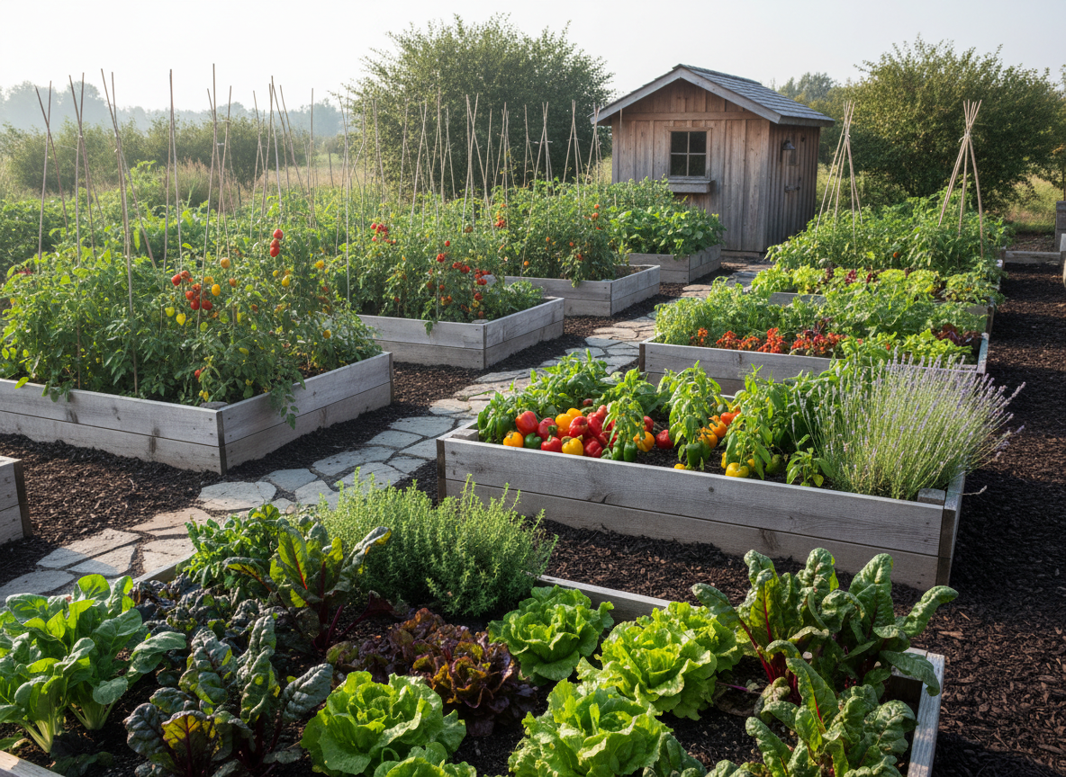 A photographic scene of a meticulously planned homestead vegetable and herb garden, featuring raised wooden beds filled with vibrant leafy greens, tomatoes staked on sturdy supports, flowering herbs, and a row of colorful peppers. Mulched pathways run between beds, bordered by low stone edging, leading toward a small cedar tool shed in the distance. The image is captured under bright but slightly diffused late-morning sunlight, creating rich, saturated colors without harsh contrast. Shot from a slightly elevated angle, the composition emphasizes depth and order, drawing the eye along the paths. A bold, energetic mood comes through in the lush growth and structured layout, with crisp focus and natural photographic realism highlighting every leaf, stem, and texture of soil and wood.