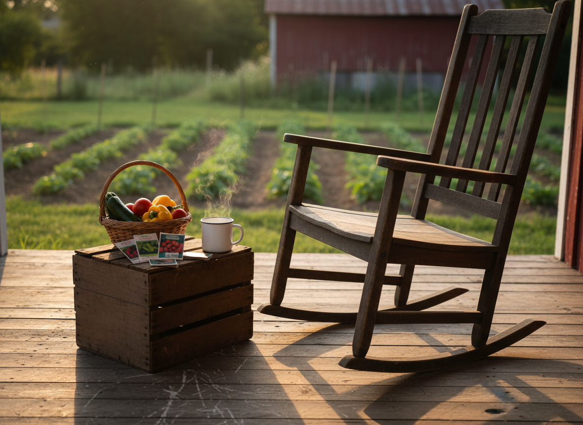 A cozy corner of a homestead porch captured in photographic realism, showing a sturdy wooden rocking chair beside a small crate repurposed as a table, topped with a steaming enamel mug, a neatly stacked pile of seed packets, and a basket of freshly picked vegetables. The porch floorboards show a rugged patina, and in the background, blurred garden beds and a hint of a red barn add context. Late afternoon sunlight slants in from the side, creating strong, warm highlights on the wood and casting bold, defined shadows that emphasize texture. Framed with an eye-level composition and shallow depth of field, the mood is both inviting and determined, suggesting a place where plans are made and homestead work is organized with purpose.