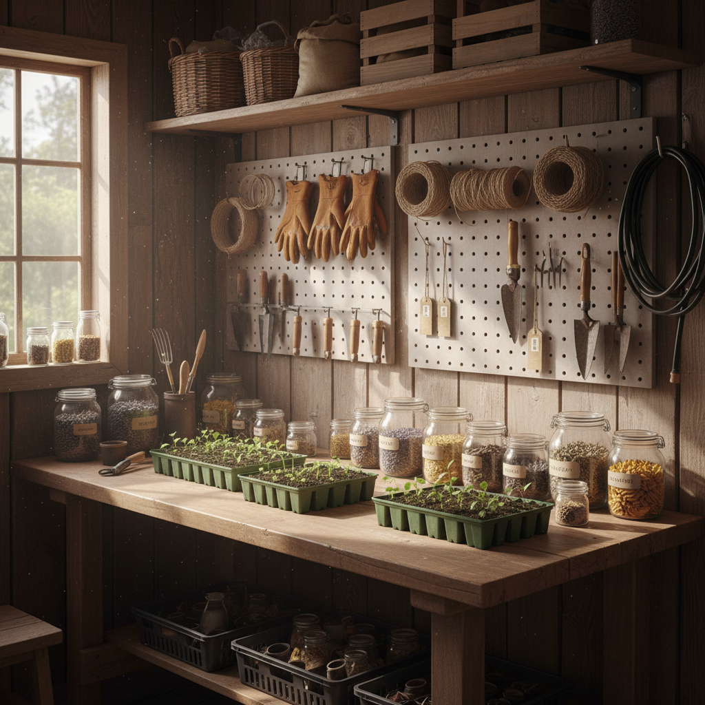 A neatly organized homestead workspace photographed in a sunlit outbuilding, featuring a heavy wooden workbench lined with seedling trays, hand tools, and labeled glass jars of dried herbs and seeds. Pegboards on the wall hold hanging tools, twine, and neatly coiled hoses, while open shelves display baskets and crates. Soft, diffused daylight filters in through a large window, gently illuminating dust motes and creating subtle highlights on metal and glass. The camera captures the scene from a slightly elevated three-quarter angle, showing both the bench surface and the surrounding storage. The atmosphere is bold and industrious yet orderly, with sharp focus throughout that emphasizes textures of wood, metal, soil, and paper, visually communicating the behind-the-scenes preparation that powers a productive homestead.