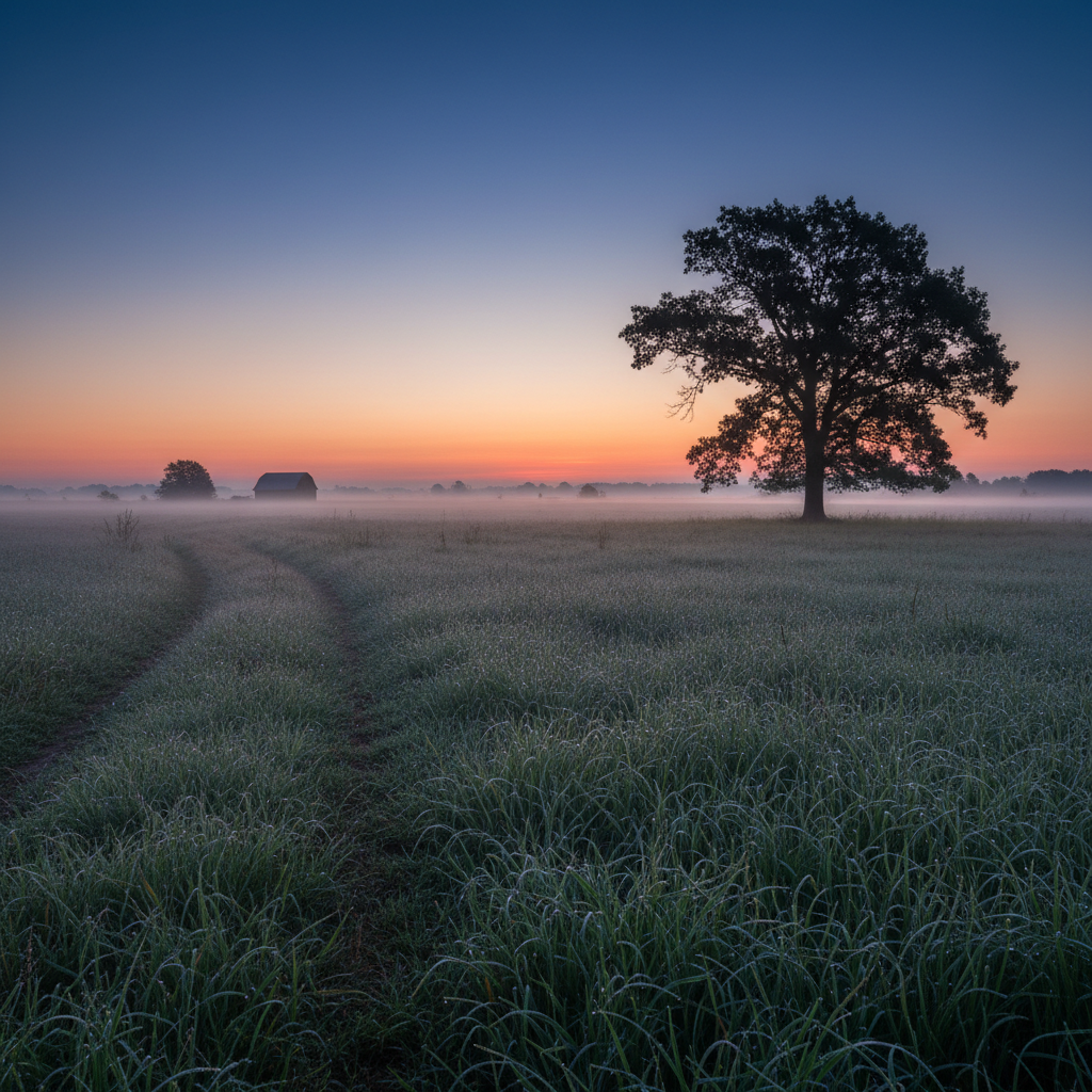 A serene photographic view of a homestead’s back field at dawn, with low mist hugging the ground, a narrow dirt path cutting through tall, dew-covered grasses, and a silhouette of a small barn at the horizon. The sky glows with deep blues transitioning to soft oranges and pinks, and a single sturdy oak tree stands to one side, its branches sharply outlined against the growing light. The composition follows the rule of thirds, with the path leading the viewer’s eye into the distance. Gentle, cool morning light creates a calm yet powerful atmosphere, highlighting droplets on blades of grass. Shot with moderate depth of field, the foreground grasses are crisp while the distant barn is slightly softened, capturing the quiet strength and expansive potential of the homestead landscape.